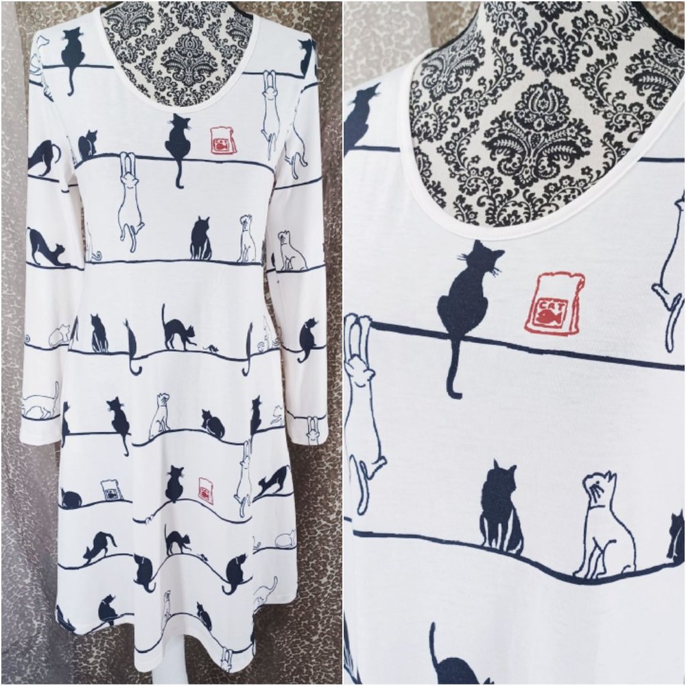 Scoop Neck LS Jersey Cat Print Shift Dress S NWOT